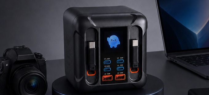 カメラやノートPCと並ぶVayllotech N8本体。内蔵USB-Cケーブルと複数のポートが確認できる
