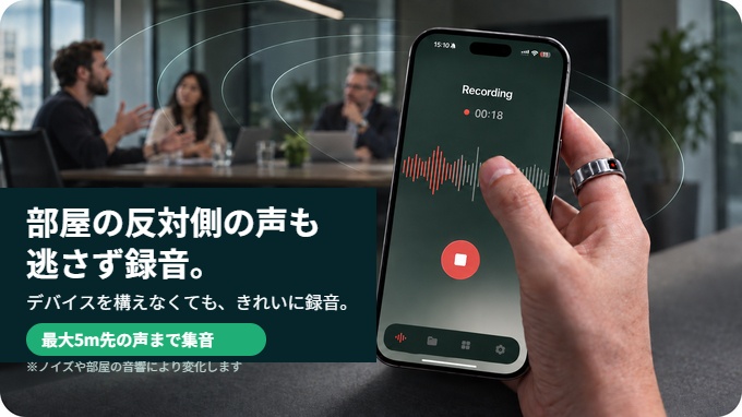 スマートフォンで録音中の画面と、RingCordを着けた手。周囲の会話を離れた場所からも拾う様子